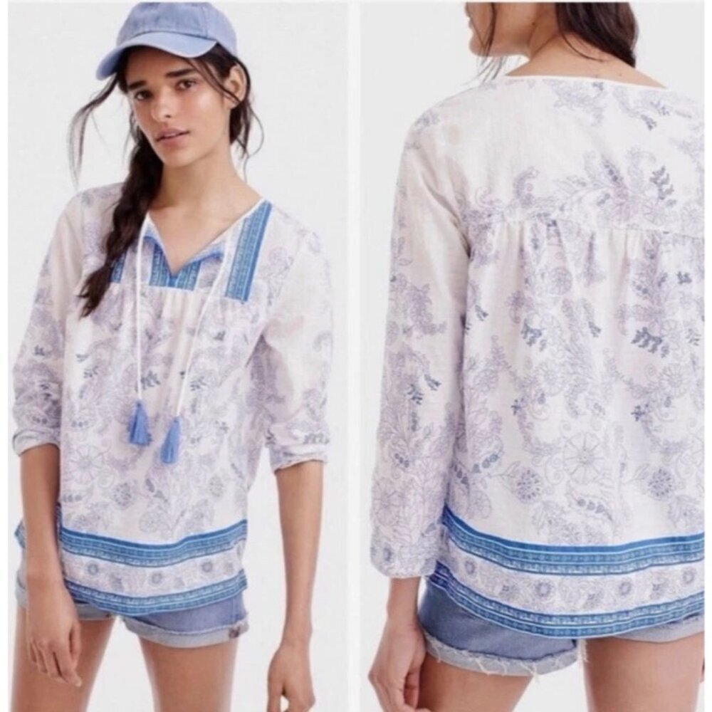 J. Crew Point Sur Embroidered Metallic Peasant Tunic Tassels Blue White Size S